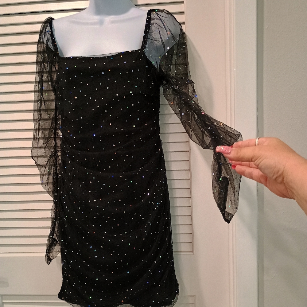 Double Crazy Elegant Black Sheer Ruched Glitter Mini Dress Size Large